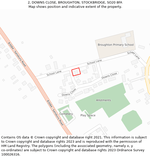 2, DOWNS CLOSE, BROUGHTON, STOCKBRIDGE, SO20 8FA: Location map and indicative extent of plot