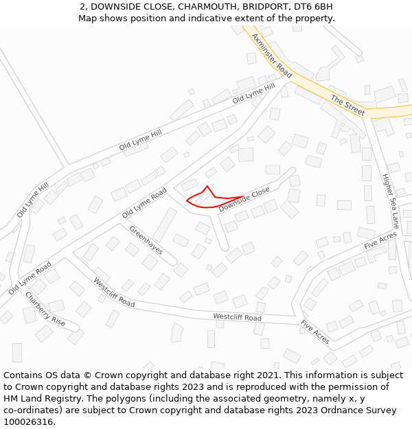 2, DOWNSIDE CLOSE, CHARMOUTH, BRIDPORT, DT6 6BH: Location map and indicative extent of plot