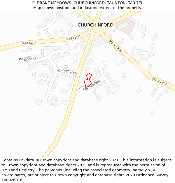 2, DRAKE MEADOWS, CHURCHINFORD, TAUNTON, TA3 7EL: Location map and indicative extent of plot