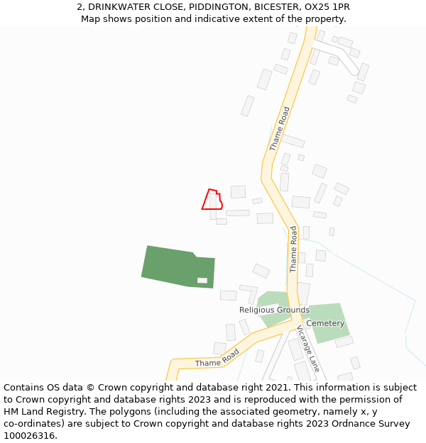 2, DRINKWATER CLOSE, PIDDINGTON, BICESTER, OX25 1PR: Location map and indicative extent of plot