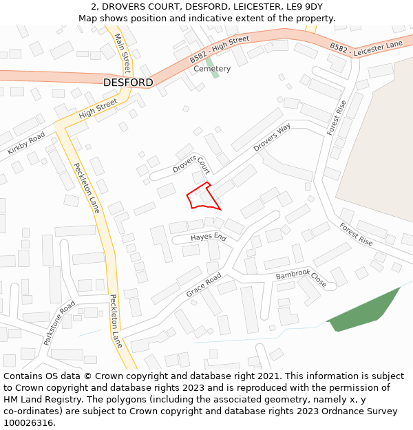 2, DROVERS COURT, DESFORD, LEICESTER, LE9 9DY: Location map and indicative extent of plot