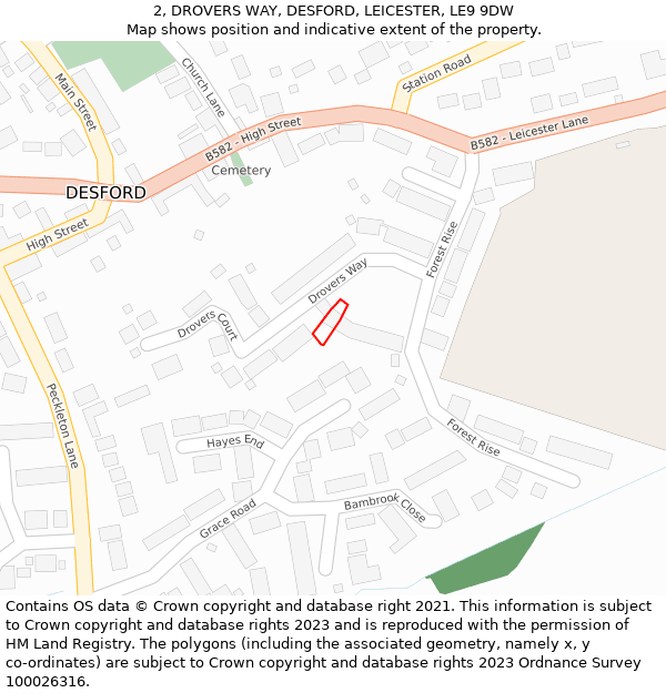 2, DROVERS WAY, DESFORD, LEICESTER, LE9 9DW: Location map and indicative extent of plot