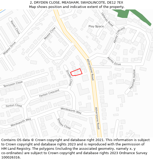 2, DRYDEN CLOSE, MEASHAM, SWADLINCOTE, DE12 7EX: Location map and indicative extent of plot