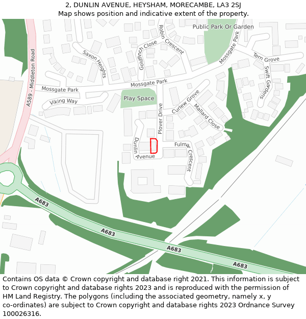 2, DUNLIN AVENUE, HEYSHAM, MORECAMBE, LA3 2SJ: Location map and indicative extent of plot