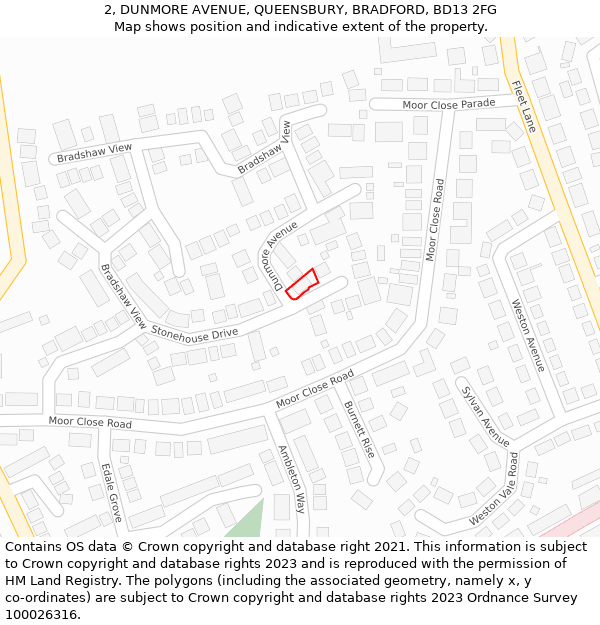 2, DUNMORE AVENUE, QUEENSBURY, BRADFORD, BD13 2FG: Location map and indicative extent of plot