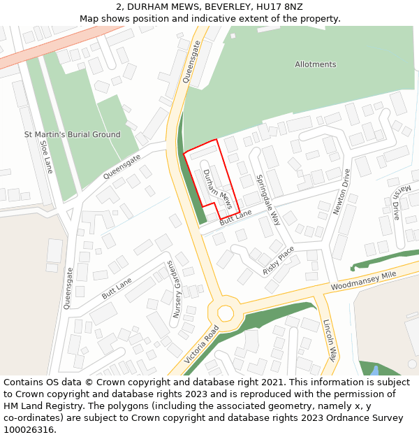 2, DURHAM MEWS, BEVERLEY, HU17 8NZ: Location map and indicative extent of plot