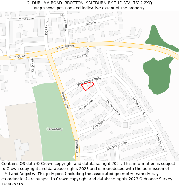 2, DURHAM ROAD, BROTTON, SALTBURN-BY-THE-SEA, TS12 2XQ: Location map and indicative extent of plot