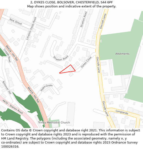 2, DYKES CLOSE, BOLSOVER, CHESTERFIELD, S44 6PF: Location map and indicative extent of plot