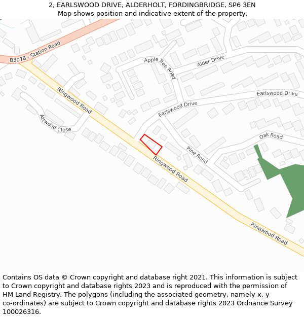2, EARLSWOOD DRIVE, ALDERHOLT, FORDINGBRIDGE, SP6 3EN: Location map and indicative extent of plot