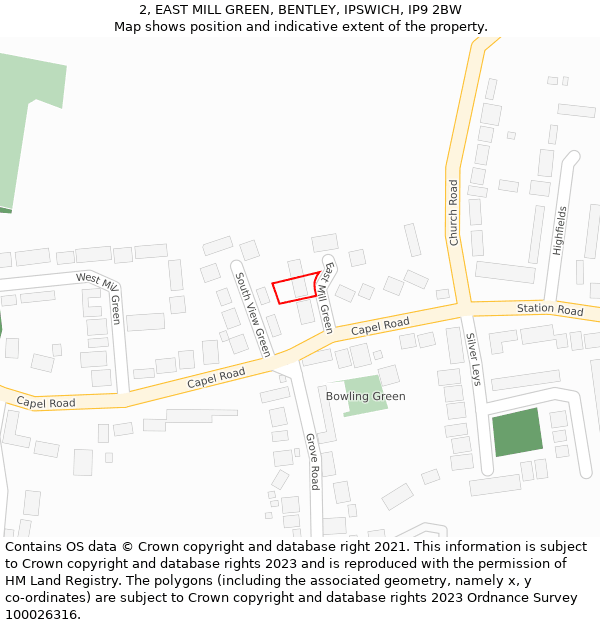 2, EAST MILL GREEN, BENTLEY, IPSWICH, IP9 2BW: Location map and indicative extent of plot