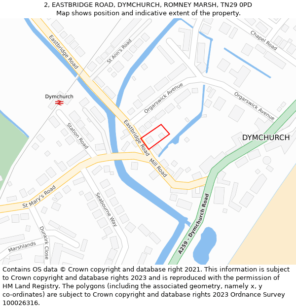 2, EASTBRIDGE ROAD, DYMCHURCH, ROMNEY MARSH, TN29 0PD: Location map and indicative extent of plot