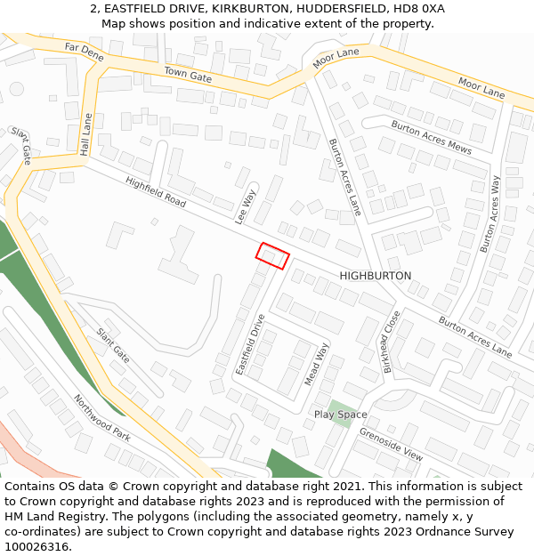 2, EASTFIELD DRIVE, KIRKBURTON, HUDDERSFIELD, HD8 0XA: Location map and indicative extent of plot