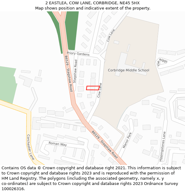 2 EASTLEA, COW LANE, CORBRIDGE, NE45 5HX: Location map and indicative extent of plot