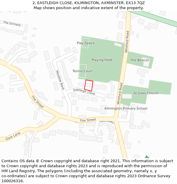 2, EASTLEIGH CLOSE, KILMINGTON, AXMINSTER, EX13 7QZ: Location map and indicative extent of plot