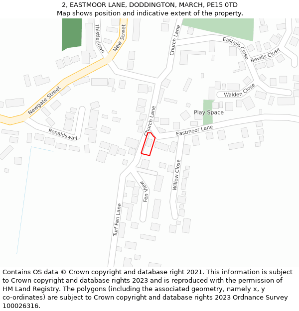 2, EASTMOOR LANE, DODDINGTON, MARCH, PE15 0TD: Location map and indicative extent of plot