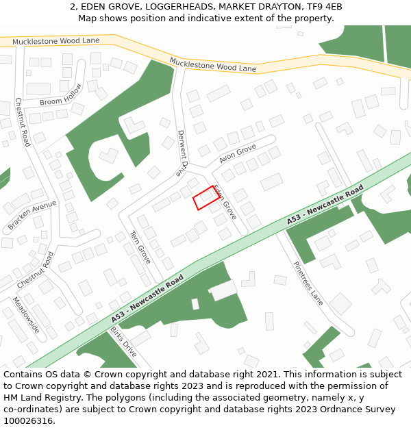 2, EDEN GROVE, LOGGERHEADS, MARKET DRAYTON, TF9 4EB: Location map and indicative extent of plot