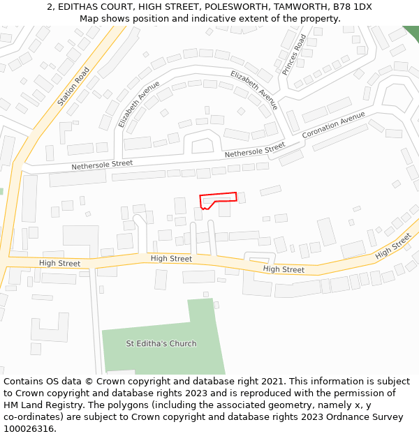 2, EDITHAS COURT, HIGH STREET, POLESWORTH, TAMWORTH, B78 1DX: Location map and indicative extent of plot