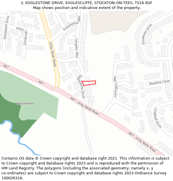 2, EGGLESTONE DRIVE, EAGLESCLIFFE, STOCKTON-ON-TEES, TS16 0GF: Location map and indicative extent of plot