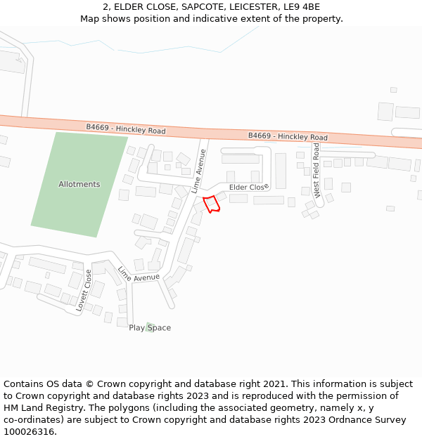 2, ELDER CLOSE, SAPCOTE, LEICESTER, LE9 4BE: Location map and indicative extent of plot