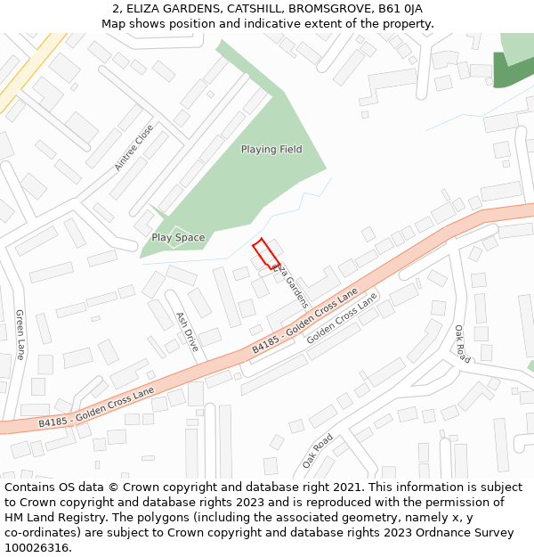 2, ELIZA GARDENS, CATSHILL, BROMSGROVE, B61 0JA: Location map and indicative extent of plot