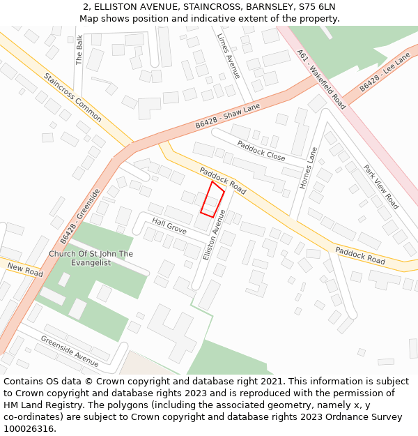 2, ELLISTON AVENUE, STAINCROSS, BARNSLEY, S75 6LN: Location map and indicative extent of plot