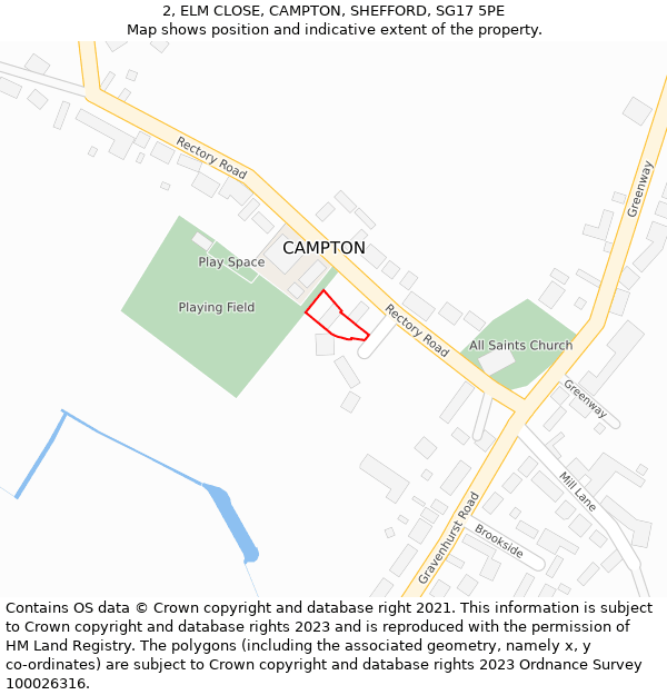 2, ELM CLOSE, CAMPTON, SHEFFORD, SG17 5PE: Location map and indicative extent of plot