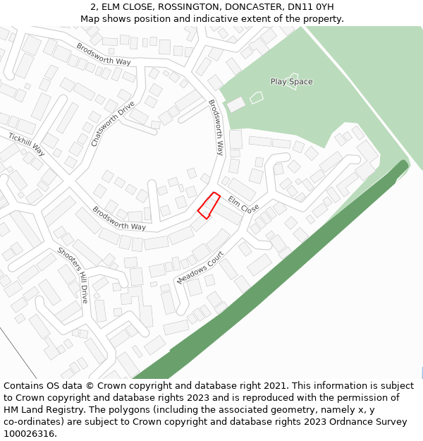 2, ELM CLOSE, ROSSINGTON, DONCASTER, DN11 0YH: Location map and indicative extent of plot
