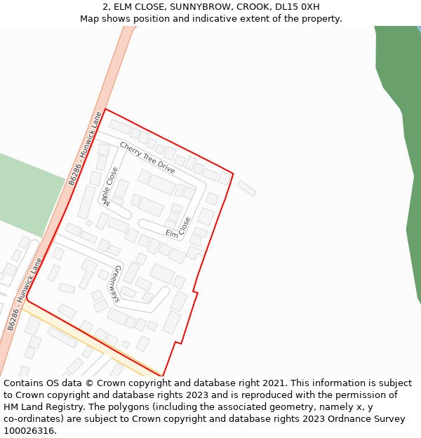 2, ELM CLOSE, SUNNYBROW, CROOK, DL15 0XH: Location map and indicative extent of plot