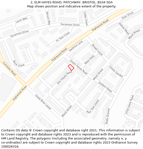 2, ELM HAYES ROAD, PATCHWAY, BRISTOL, BS34 5GA: Location map and indicative extent of plot