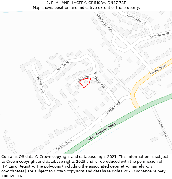2, ELM LANE, LACEBY, GRIMSBY, DN37 7ST: Location map and indicative extent of plot