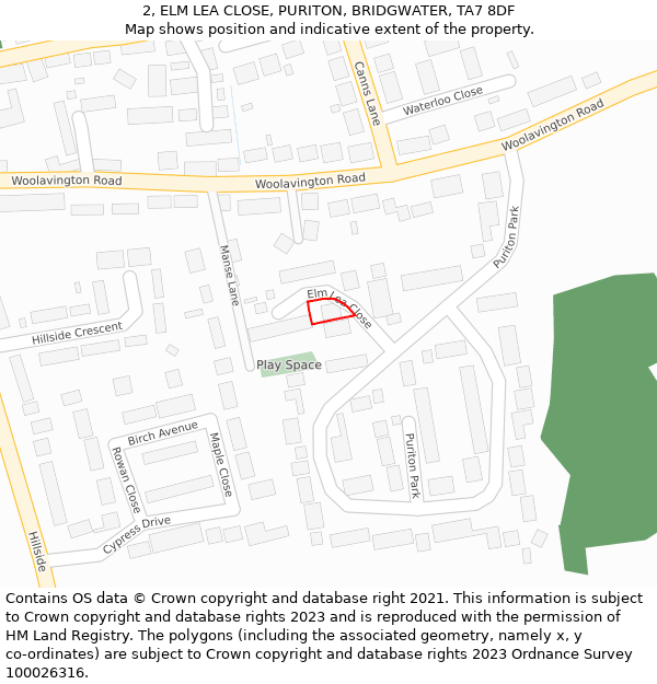 2, ELM LEA CLOSE, PURITON, BRIDGWATER, TA7 8DF: Location map and indicative extent of plot