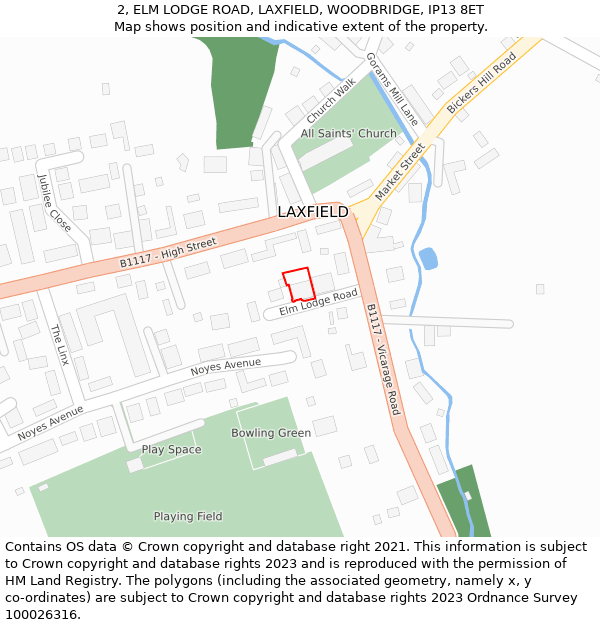 2, ELM LODGE ROAD, LAXFIELD, WOODBRIDGE, IP13 8ET: Location map and indicative extent of plot