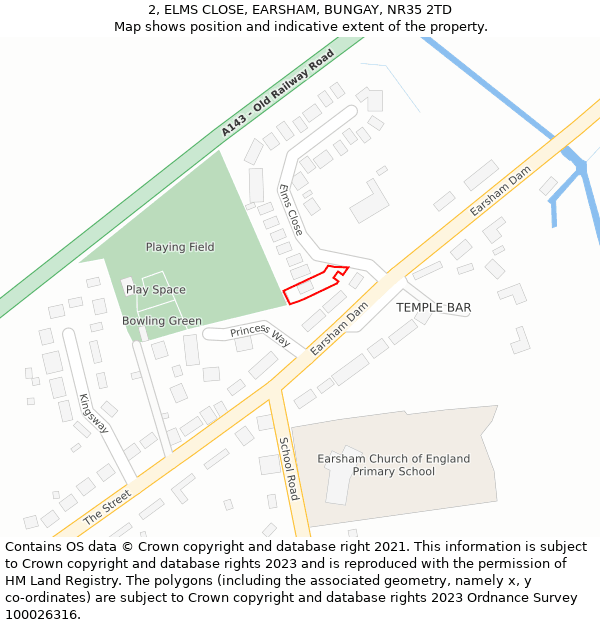 2, ELMS CLOSE, EARSHAM, BUNGAY, NR35 2TD: Location map and indicative extent of plot