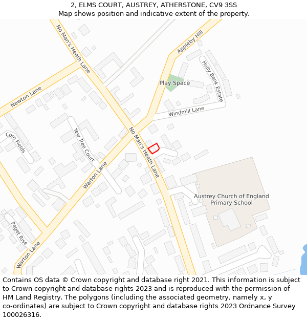 2, ELMS COURT, AUSTREY, ATHERSTONE, CV9 3SS: Location map and indicative extent of plot