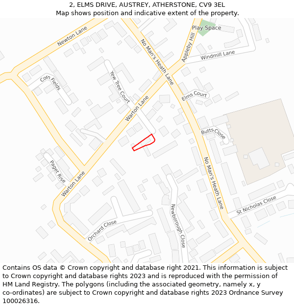 2, ELMS DRIVE, AUSTREY, ATHERSTONE, CV9 3EL: Location map and indicative extent of plot