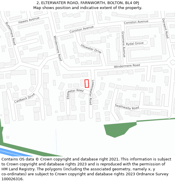 2, ELTERWATER ROAD, FARNWORTH, BOLTON, BL4 0PJ: Location map and indicative extent of plot