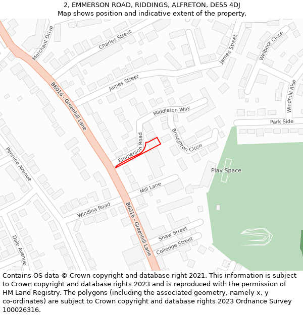 2, EMMERSON ROAD, RIDDINGS, ALFRETON, DE55 4DJ: Location map and indicative extent of plot