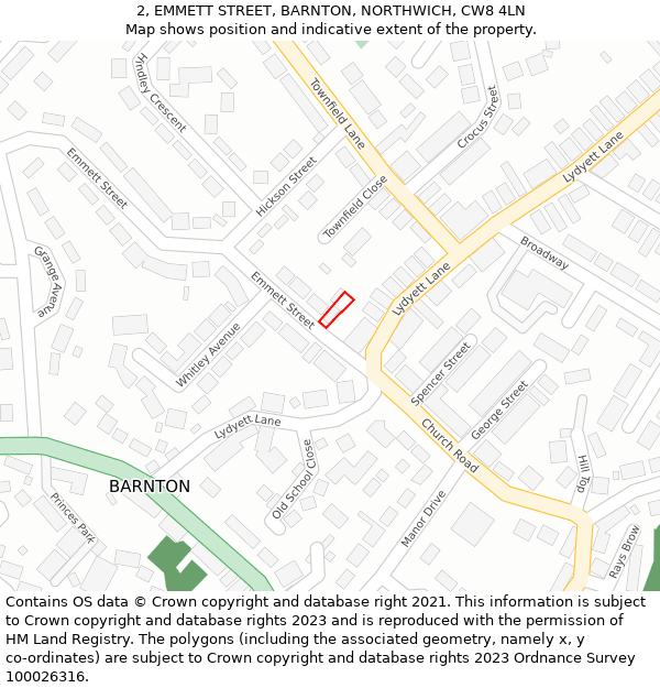 2, EMMETT STREET, BARNTON, NORTHWICH, CW8 4LN: Location map and indicative extent of plot