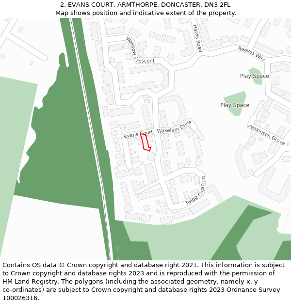 2, EVANS COURT, ARMTHORPE, DONCASTER, DN3 2FL: Location map and indicative extent of plot