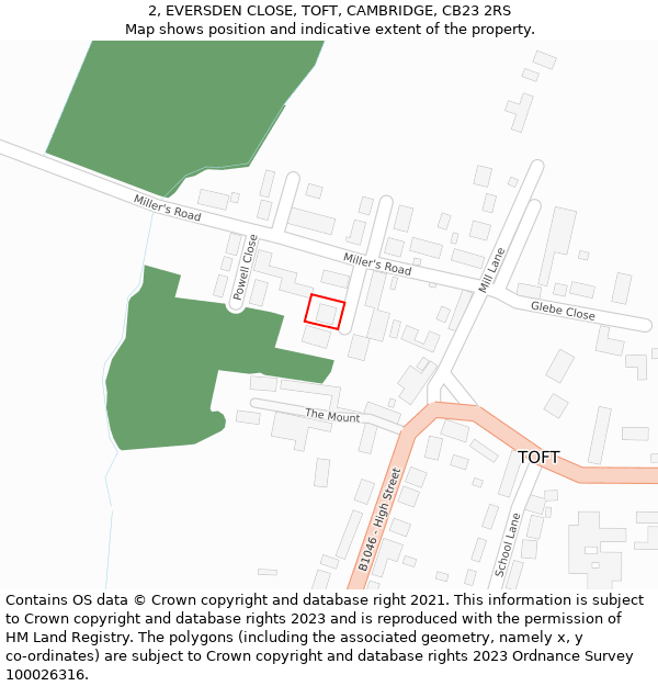 2, EVERSDEN CLOSE, TOFT, CAMBRIDGE, CB23 2RS: Location map and indicative extent of plot