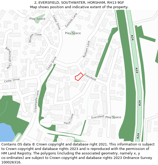 2, EVERSFIELD, SOUTHWATER, HORSHAM, RH13 9GF: Location map and indicative extent of plot