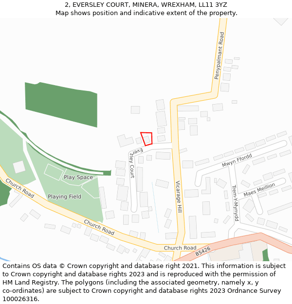 2, EVERSLEY COURT, MINERA, WREXHAM, LL11 3YZ: Location map and indicative extent of plot