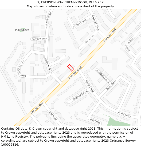 2, EVERSON WAY, SPENNYMOOR, DL16 7BX: Location map and indicative extent of plot