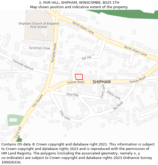 2, FAIR HILL, SHIPHAM, WINSCOMBE, BS25 1TH: Location map and indicative extent of plot