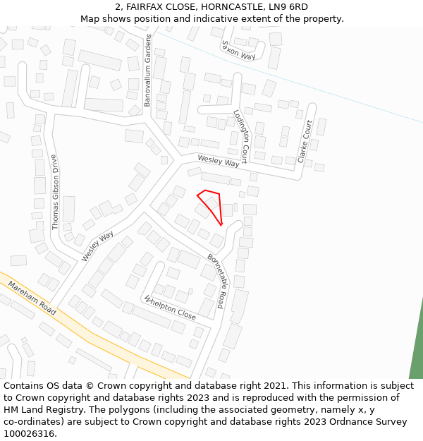 2, FAIRFAX CLOSE, HORNCASTLE, LN9 6RD: Location map and indicative extent of plot