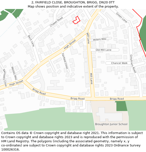 2, FAIRFIELD CLOSE, BROUGHTON, BRIGG, DN20 0TT: Location map and indicative extent of plot