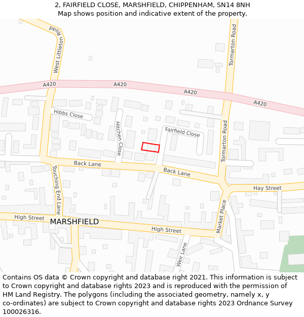 2, FAIRFIELD CLOSE, MARSHFIELD, CHIPPENHAM, SN14 8NH: Location map and indicative extent of plot