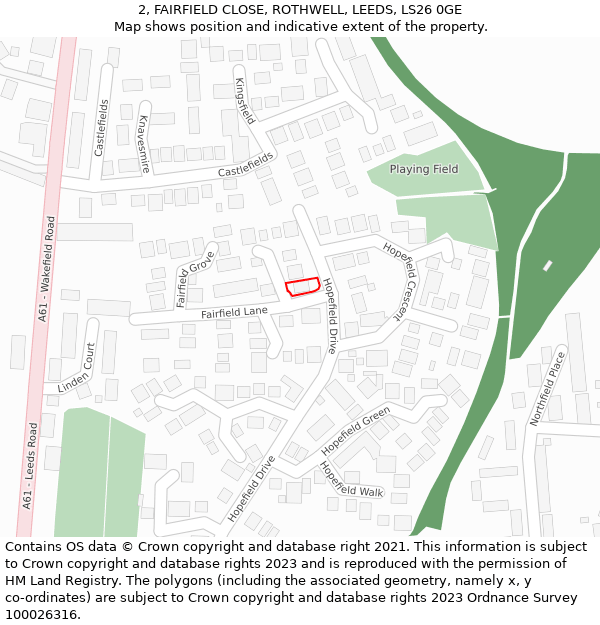 2, FAIRFIELD CLOSE, ROTHWELL, LEEDS, LS26 0GE: Location map and indicative extent of plot