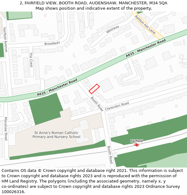 2, FAIRFIELD VIEW, BOOTH ROAD, AUDENSHAW, MANCHESTER, M34 5QA: Location map and indicative extent of plot