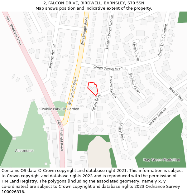 2, FALCON DRIVE, BIRDWELL, BARNSLEY, S70 5SN: Location map and indicative extent of plot